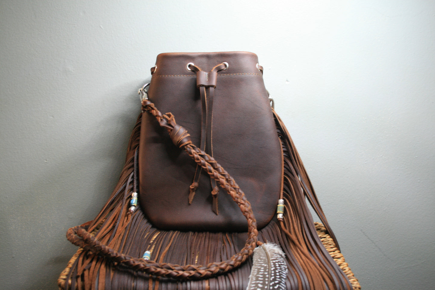 Fringe drawstring bag