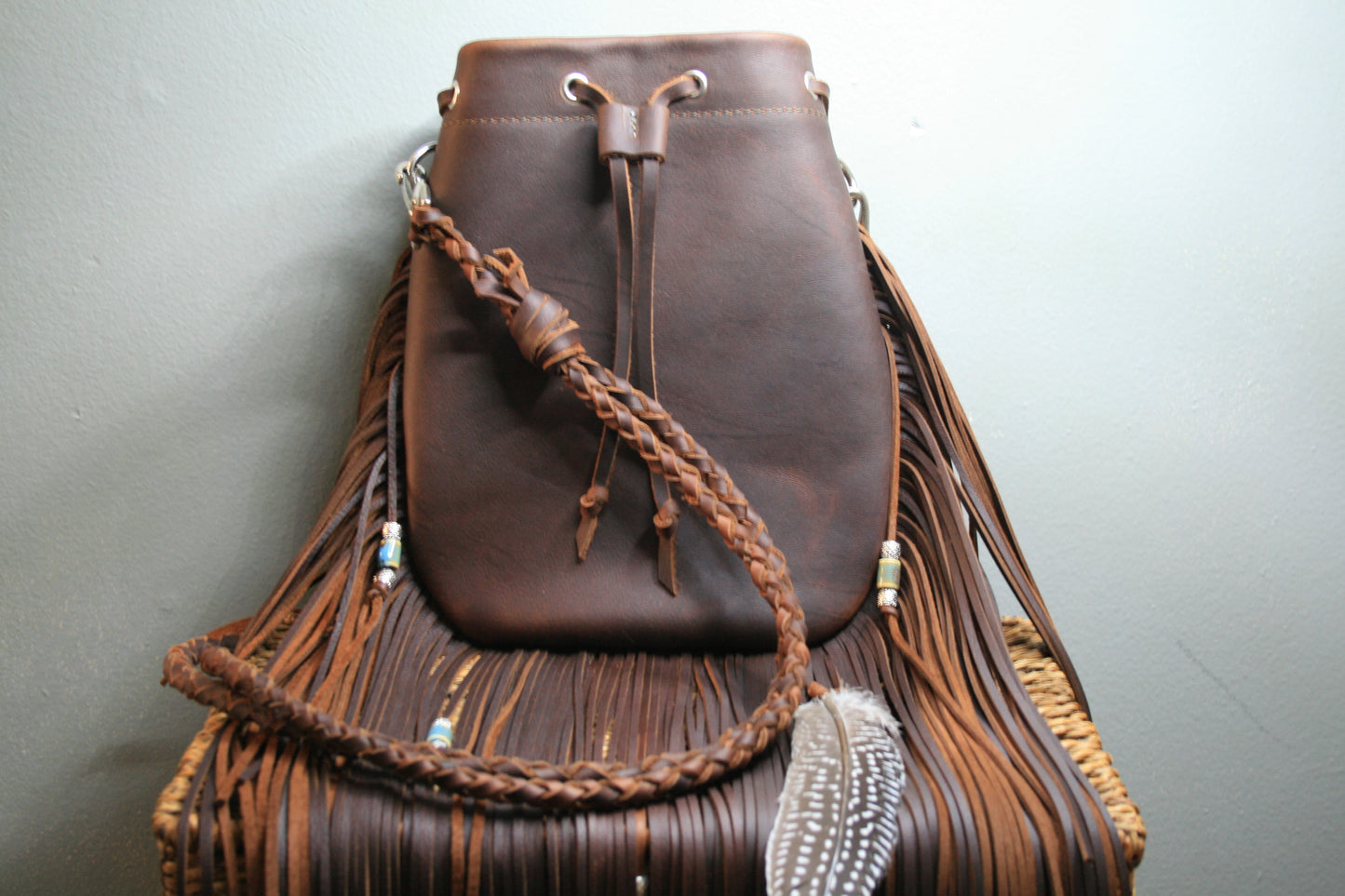 Fringe drawstring bag