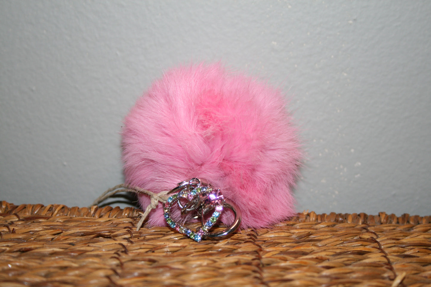 Rabbit fur pom pom key chain with charm