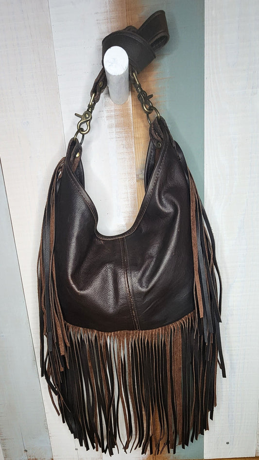 Large chocolate fringe hobo bag